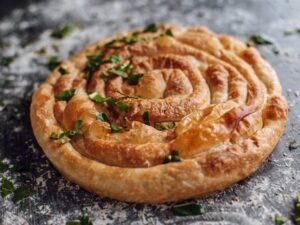 Greek pie with spinach leaf on it.